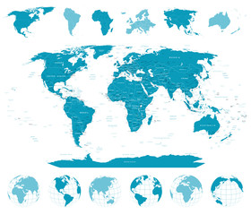 Fototapeta na wymiar World Map, Globes, Continents. Highly detailed vector illustration.