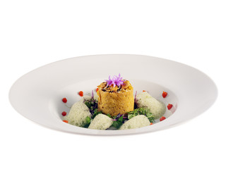 amaranth roll filled with tofu and walnuts, coriander foam and  goji berry sauce