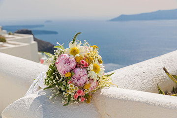 Wedding bouquet on a background of the sea