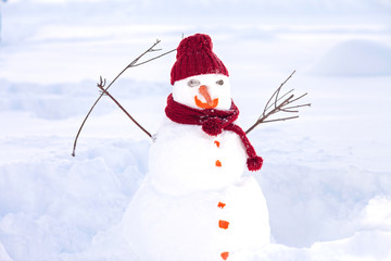 Cute snowman in his red outfit and carrot