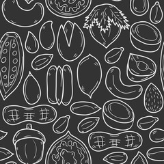 Sealess background with cartoon hand drawn objects on nuts theme