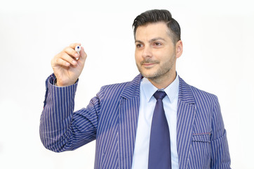 Business man writing with marker islated on white