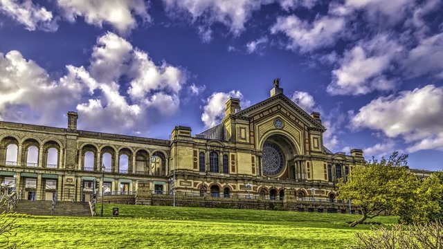 Timelapse view of the South facade of Alexandra Palace in London, also known as the people's palace or Ally Pally