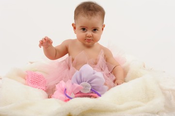 Cute and happy newborn baby playing, smiling, laughing, looking isolated white background