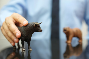 businessman holding bull, concept of bullish trend on stock mark