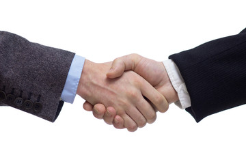 Businessmen shaking hands, isolated on white. Closeup