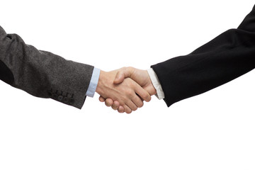 Businessmen shaking hands, isolated on white. Closeup