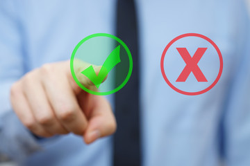 businessman choosing right answer icon instead wrong
