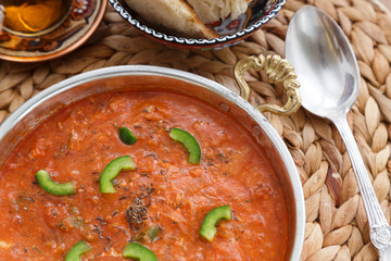 Menemen in frying pan on the table close-up view from above