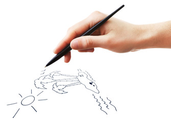 Female hand draw with pen isolated on white