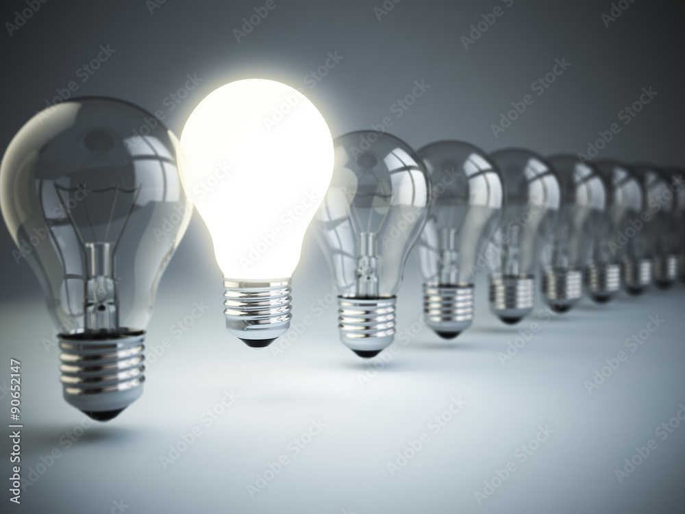 Poster idea or uniqueness, originality concept. row of light bulbs with