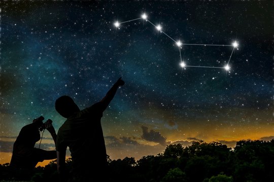 Ursa Major constellation on night sky. Astrology concept. Silhouette of adult man and child observing night sky.
