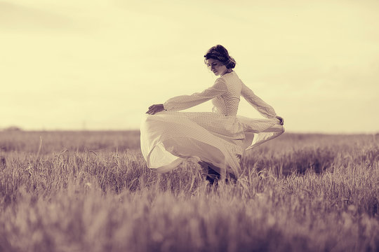 Girl In White Dress Fall Outside