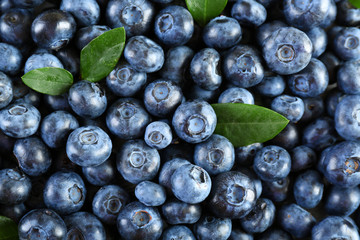 Tasty ripe blueberries with green leaves close up