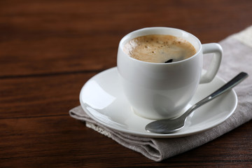 Cup of coffee on table close up
