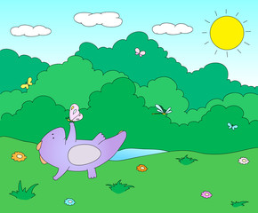 Cute chubby dragon is playing with dragonflies and butterflies o