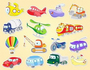 Set of cartoon transport: plane, train, bus, car, helicopter, va