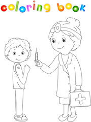 Doctor makes vaccination to the patient. Coloring book for kids