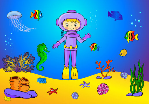 Cute cartoon scuba diver and fish under water. Seahorse, jellyfi