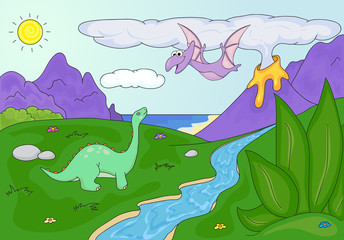 Dinosaurs diplodocus and pterodactyl on a background of  prehist © fir4ik