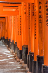 A closeup of beautiful orange wooden arches in Inari area Kyoto