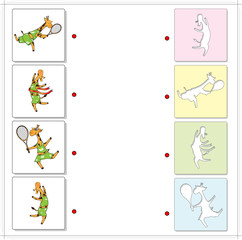 Giraffes sportsmen playing tennis and running. Educational game