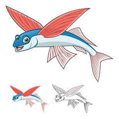 High Quality Flyingfish Cartoon Character Include Flat Design and Line Art Version