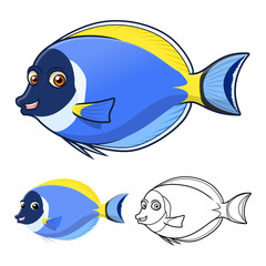 High Quality Powderblue Surgeonfish Cartoon Character Include Flat Design and Line Art Version