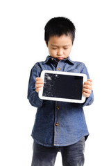 Sad boy hold cracked tablet device