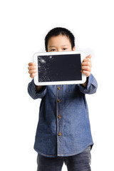 Sad boy hold cracked tablet device