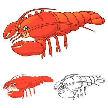 High Quality Lobster Cartoon Character Include Flat Design and Line Art Version