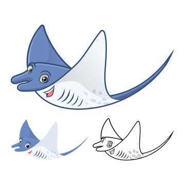 High Quality Manta Ray Cartoon Character Include Flat Design and Line Art Version
