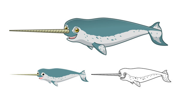 High Quality Narwhal Whale Cartoon Character Include Flat Design and Line Art Version
