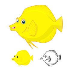 High Quality Yellow Tang Fish Cartoon Character Include Flat Design and Line Art Version