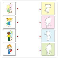 Girl and boy with paints, easel, globe and book. Educational gam