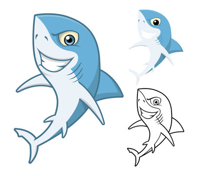 High Quality Shark Cartoon Character Include Flat Design and Line Art Version