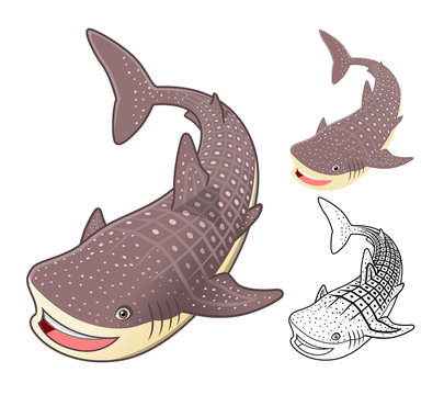 High Quality Whale Shark Cartoon Character Include Flat Design and Line Art Version