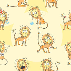 Vector seamless pattern with cute cartoon lions on a yellow background.