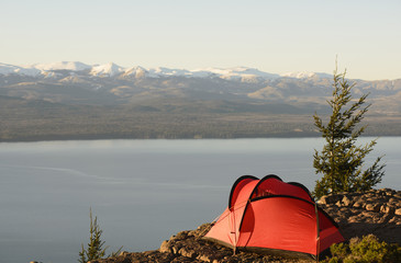 Camping tent by lake, Bariloche, Patagonia, Argentina