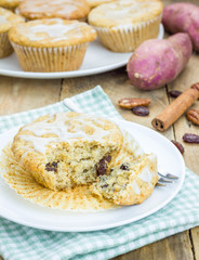 Citrus-glazed sweet potato muffins with pecan nuts and raisins