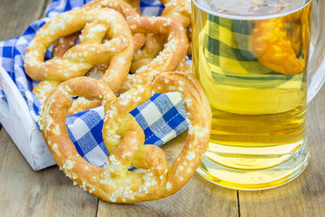Freshly baked homemade soft pretzels sprinkled with coarse salt