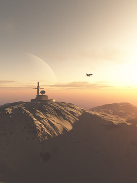 Science fiction illustration of a mountain-top research station outpost on an alien desert planet at sunset, 3d digitally rendered illustration