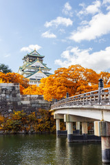Osaka Castle in Osaka with autumn leaves, Japan.