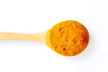 curcuma in wooden spoon isolated on white background