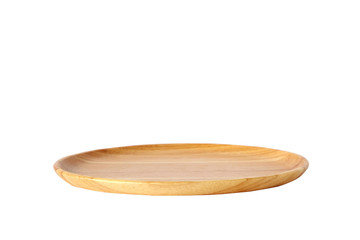 Empty round wooden tray isolated on white background