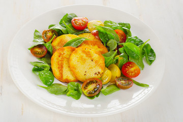 Roasted Cheese and tomato salad on a plate.