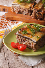Portion of moussaka with eggplant on a plate close-up. Vertical
