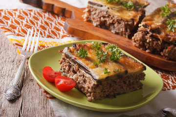 Portion of moussaka with eggplant on a plate close-up. horizontal
