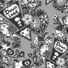 Seamless pattern with doodle monsters grey