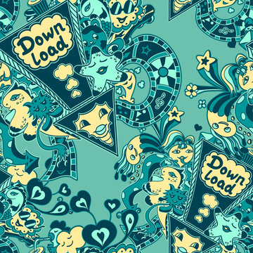 Seamless pattern with doodle monsters marine blue